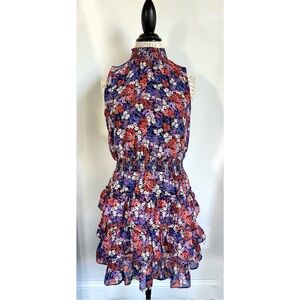 1. State Smocked Sleeveless mock neck tiered purple black floral dress